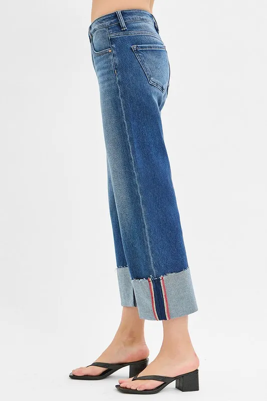 Full Size Tummy Control Mid Rise Crop Wide Cuffed Jeans Plus Size, image 2