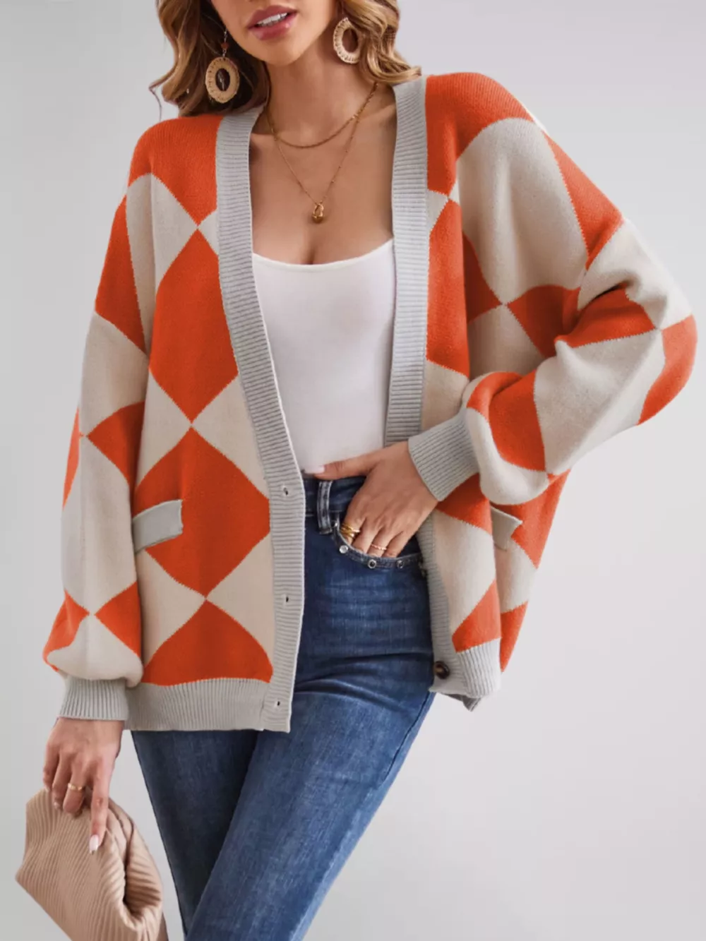 Diamond Pattern Button-Up Knit Cardigan, image 21