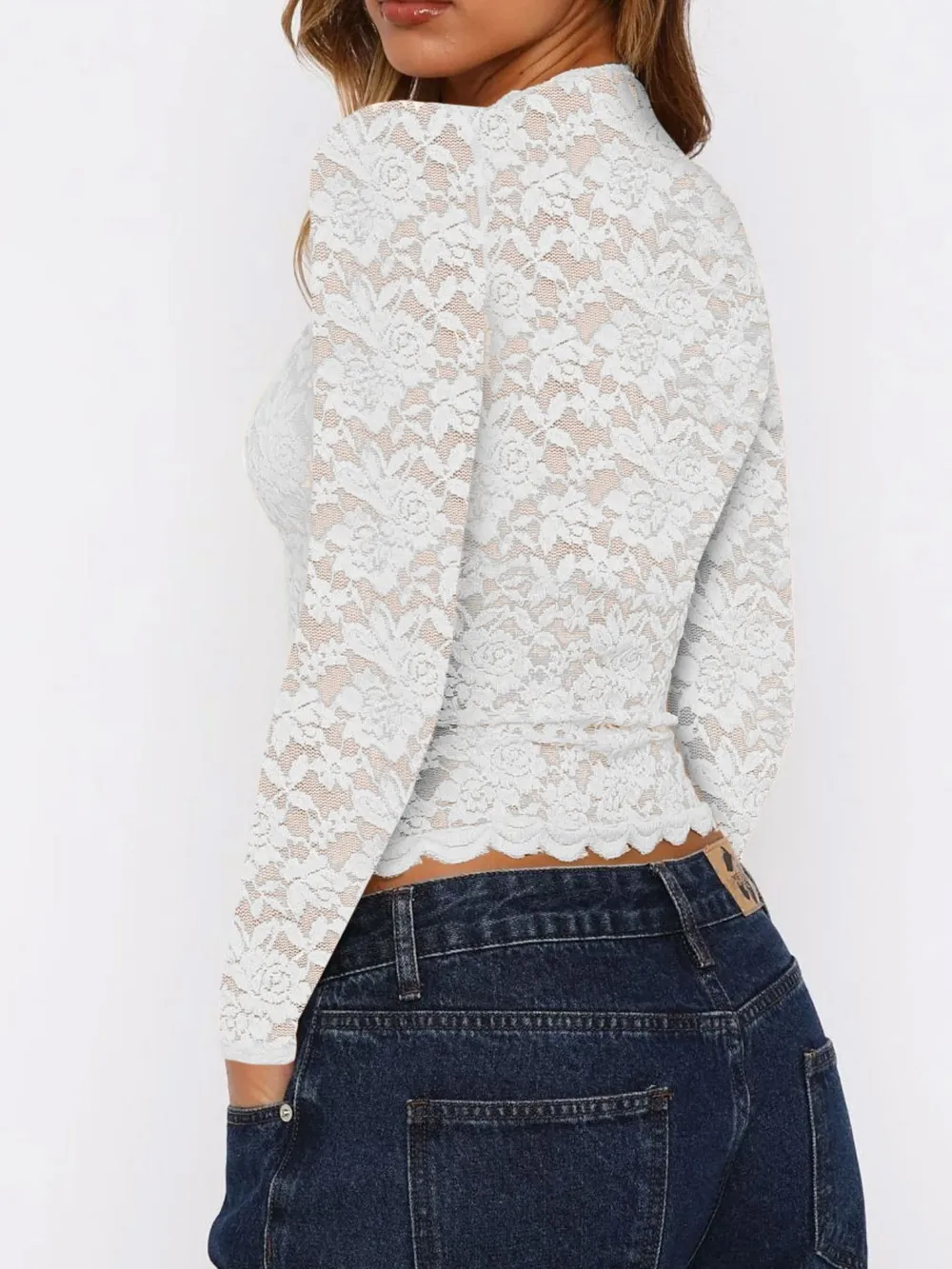 Floral Lace Long Sleeve Deep V-Neck Blouse with Scalloped Hem, image 4