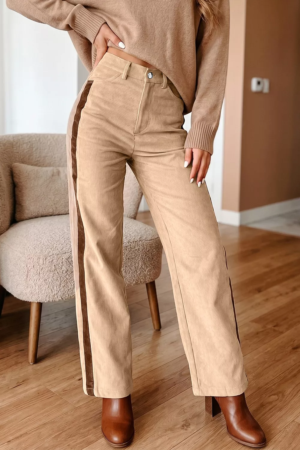 Corduroy Side Panel Colorblock Straight Leg Pants, image 3