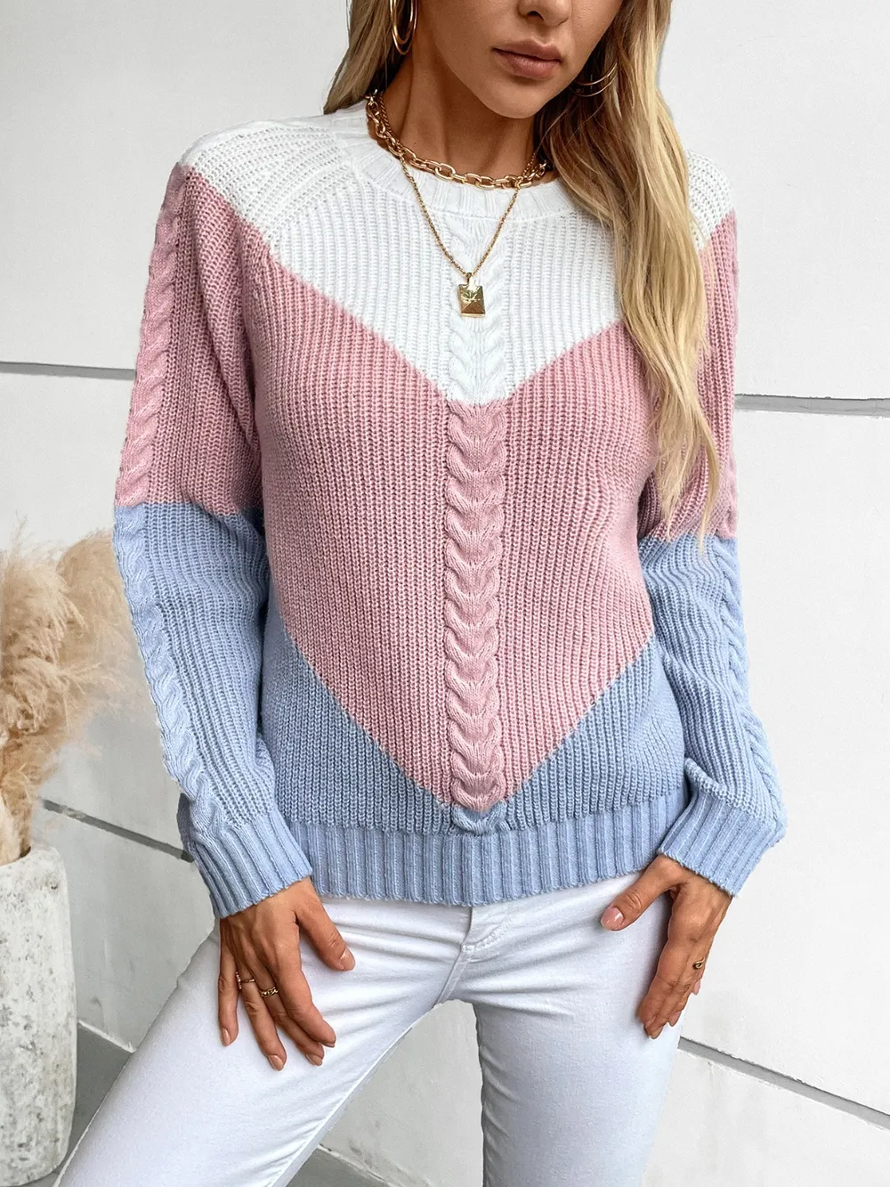 Color Block Round Neck Long Sleeve Sweater, image 5