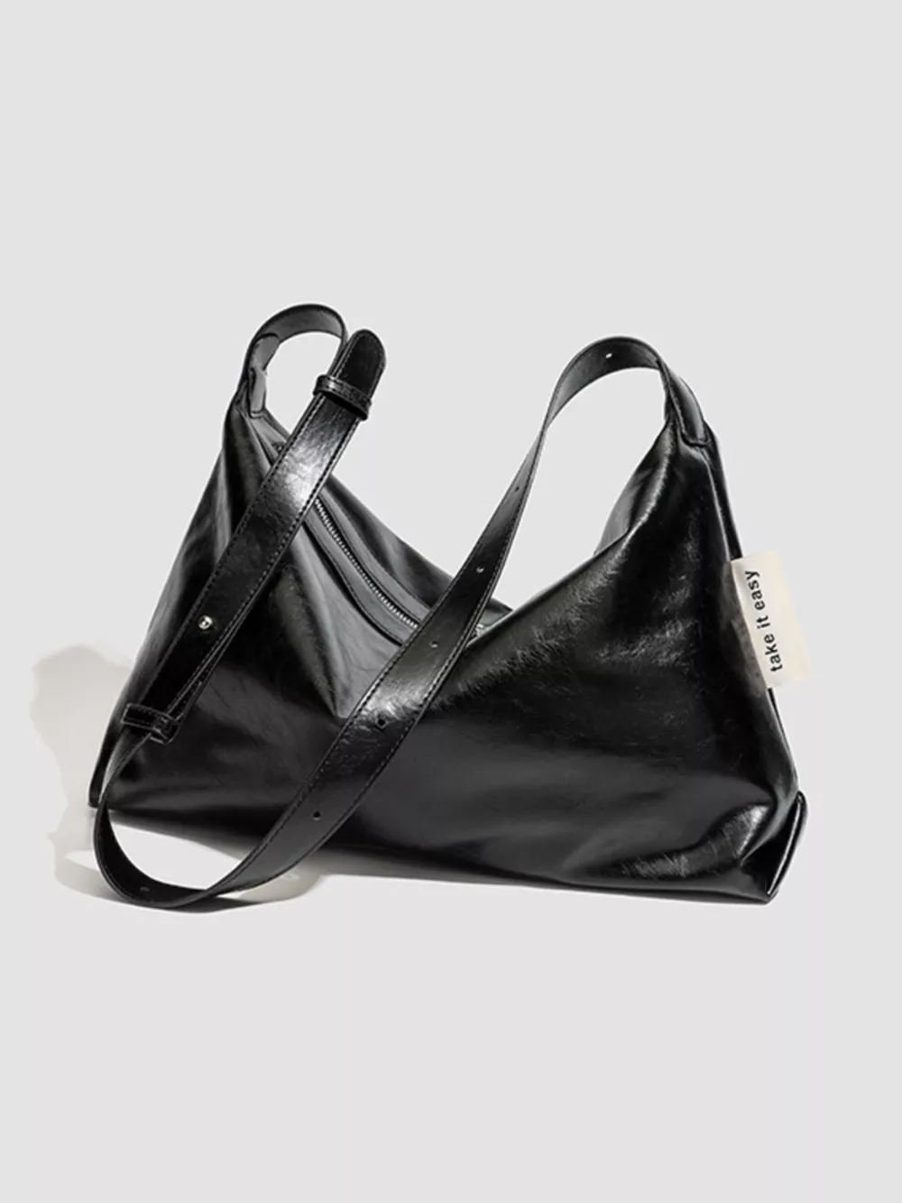 Minimalist Glossy Leather Slouchy Shoulder Bag, image 4