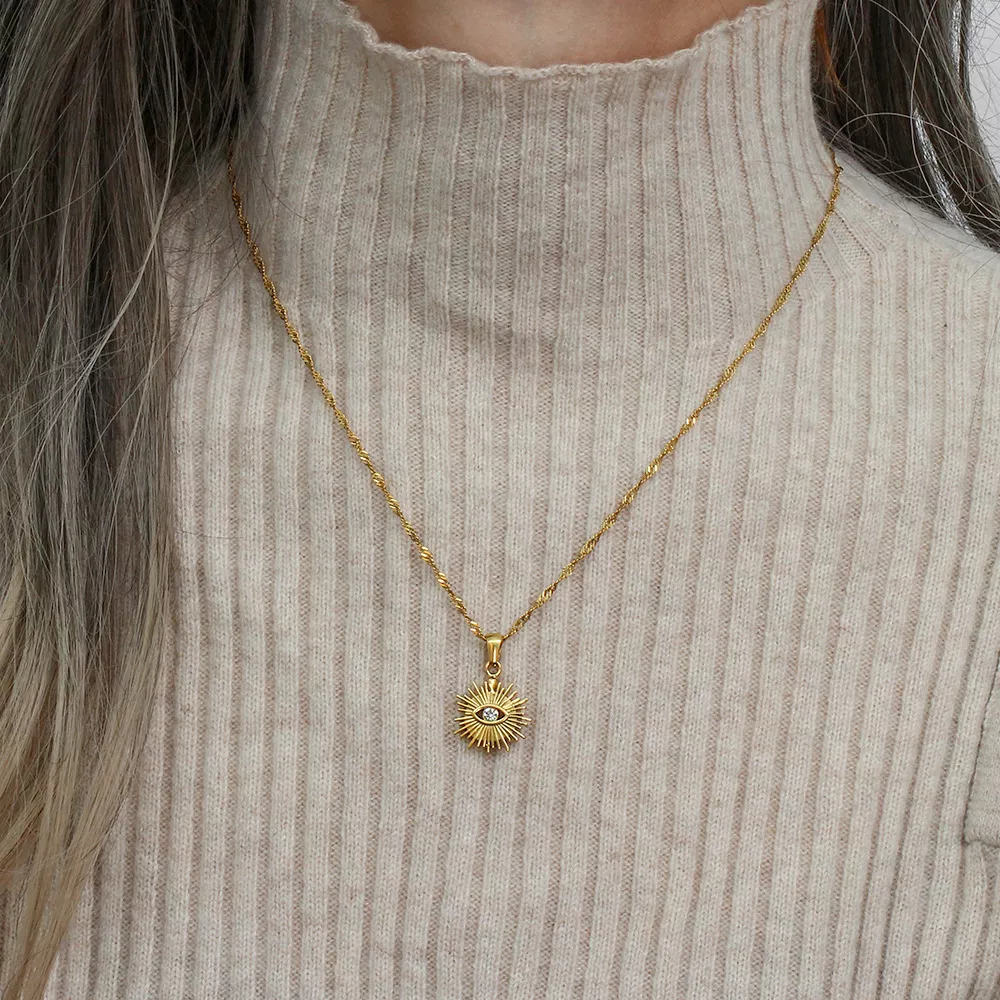 18K Gold-Plated Evil Eye Sunburst Pendant Necklace, image 3