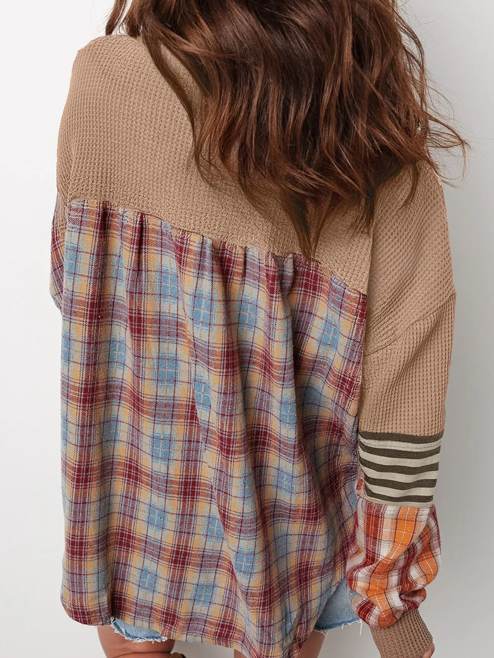 Waffle Stripe Plaid Patchwork Henley Knit Top, image 2