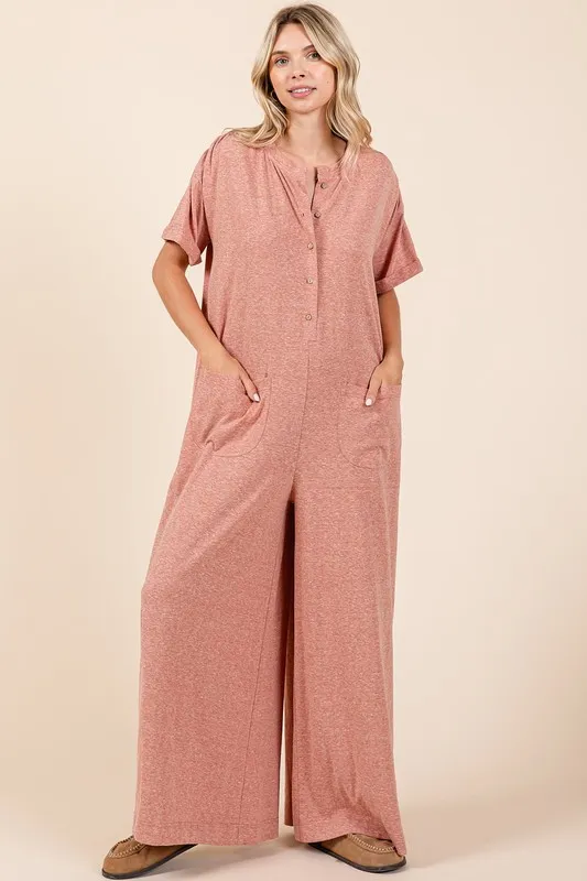 Button Detail Short Sleeve Wide Leg Jumpsuit, image 5