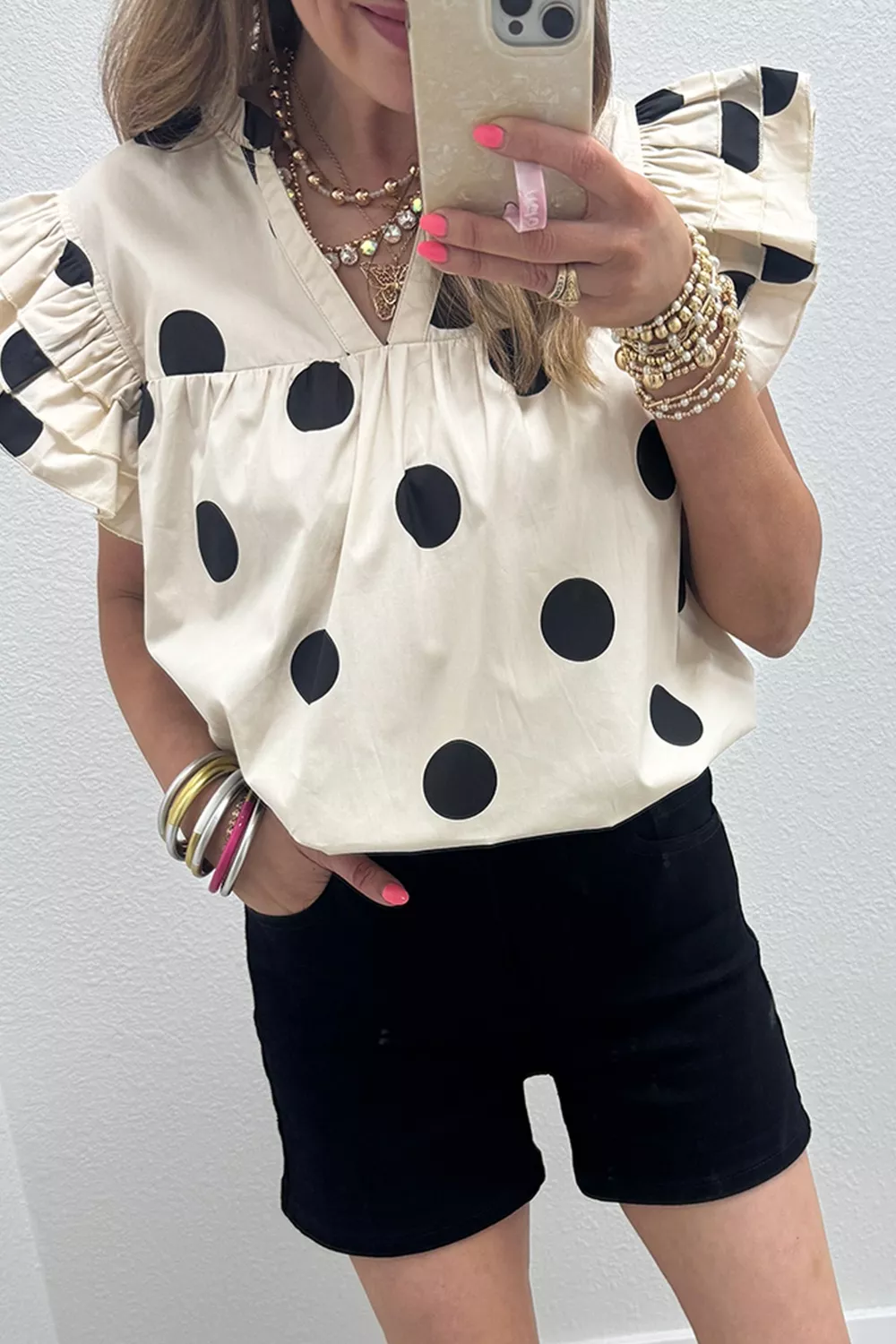 Casual Polka Dot V-Neck Ruffle Short Sleeve Blouse, image 2