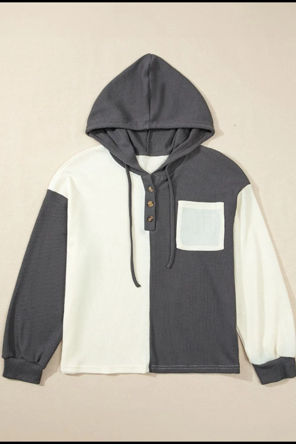 Waffle-Knit Two-Tone Long Sleeve Hoodie, image 4