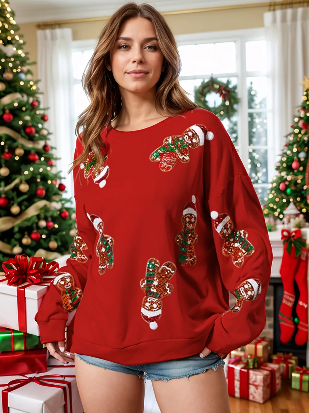 Sequin Gingerbread Man Long Sleeve Sweatshirt, image 2