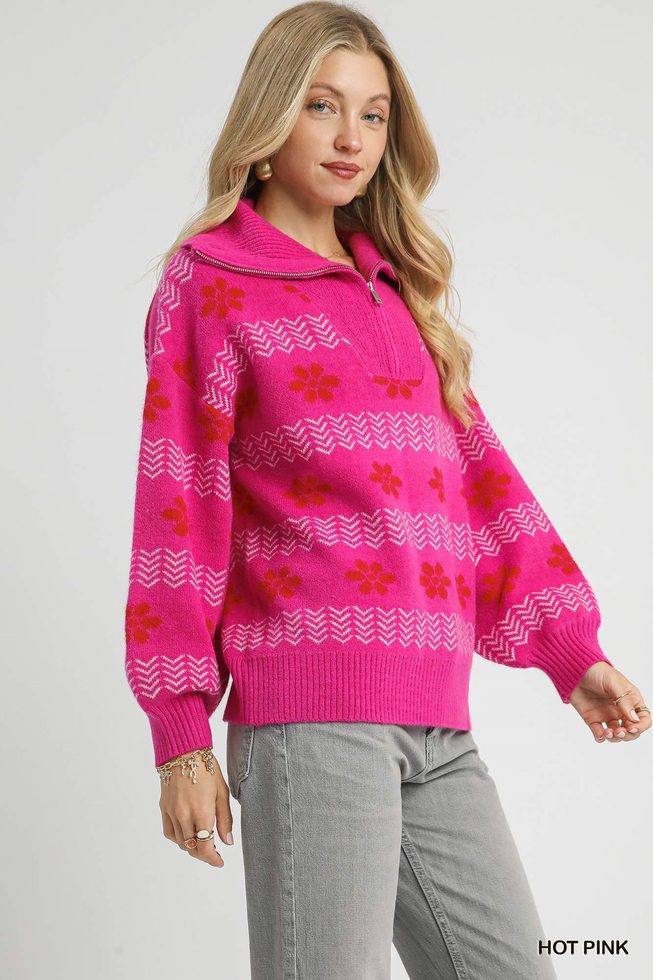 Floral Patterned Jacquard Quarter-Zip Pullover Sweater, image 4