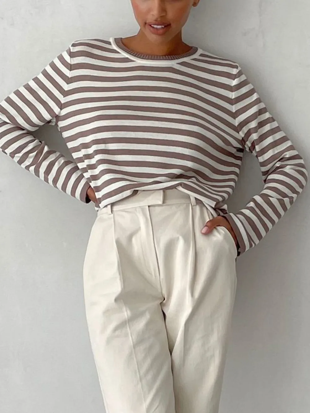 Striped Round Neck Long Sleeve Sweater, image 4