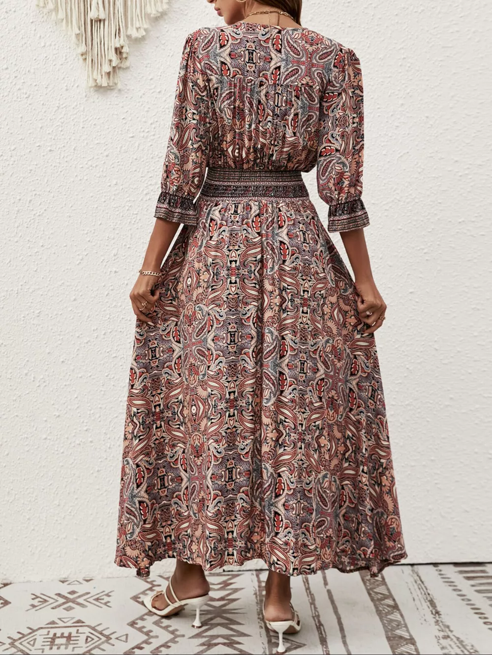 Paisley Print Half Sleeve Slit Midi Dress, image 4
