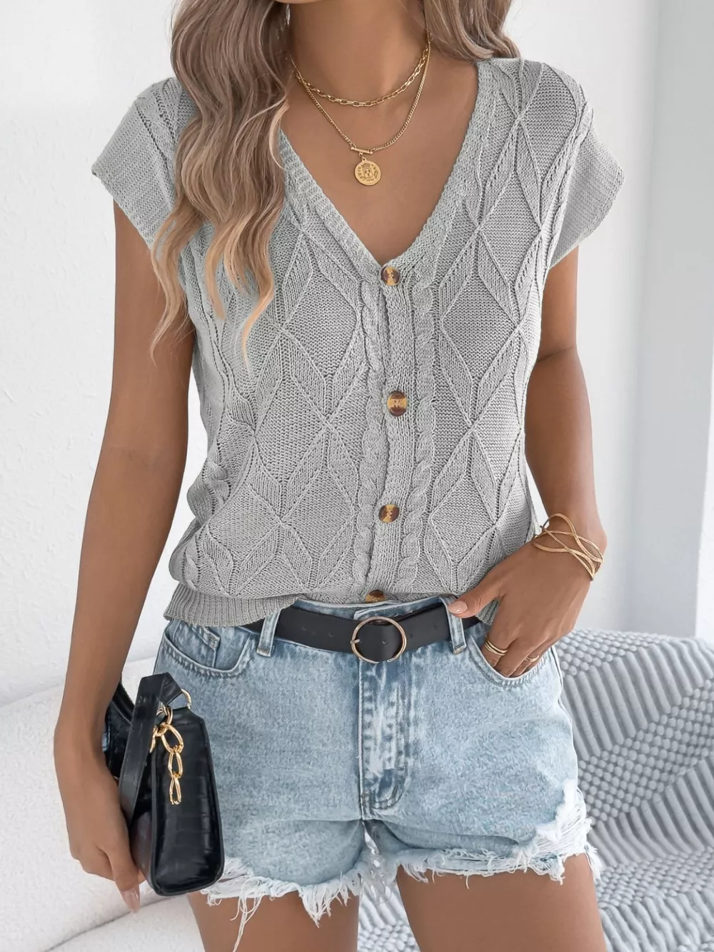 Cable Knit Button-Down Cardigan, image 2