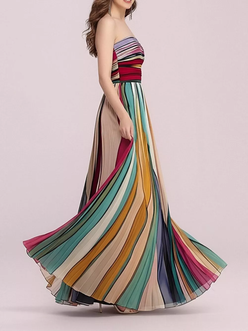 Striped Pleated Tube Maxi Dress, image 4