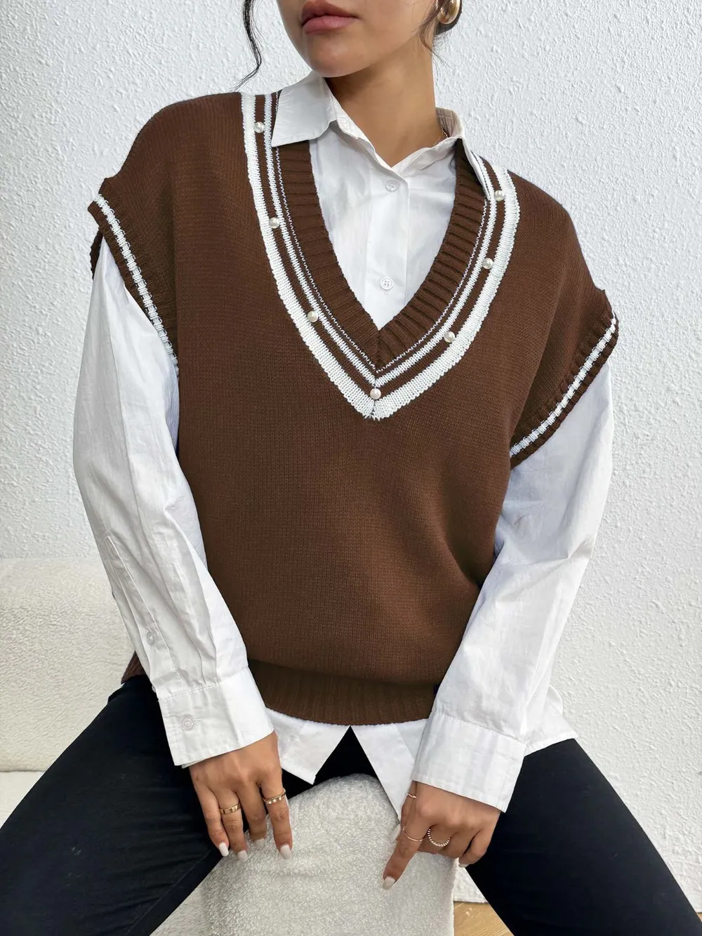 Pearl Trim Contrast V-Neck Sweater Vest, image 6