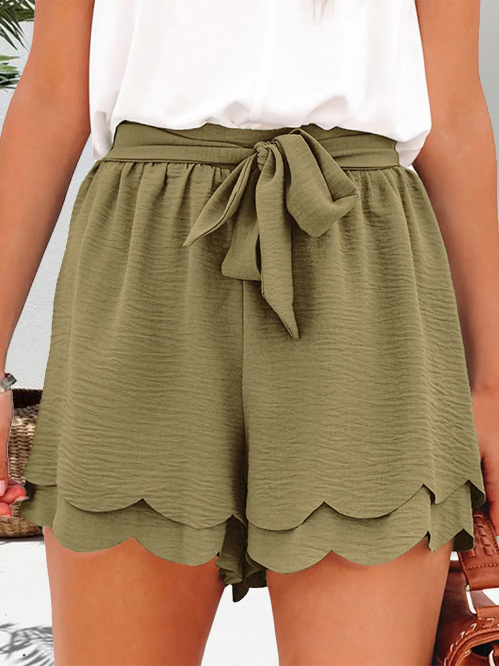 Tied Layered Scalloped Hem Shorts, image 2