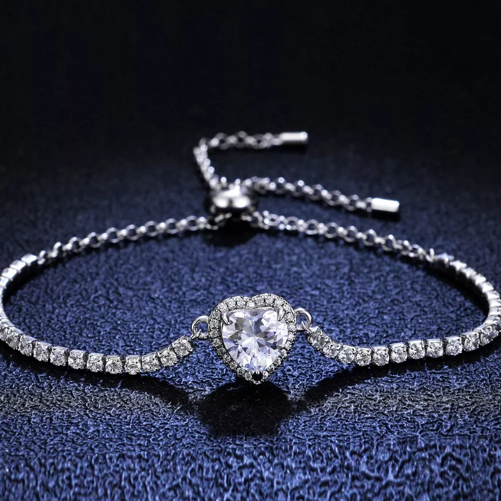 2 Carat 925 Sterling Silver Moissanite Chain Heart Bracelet, image 3