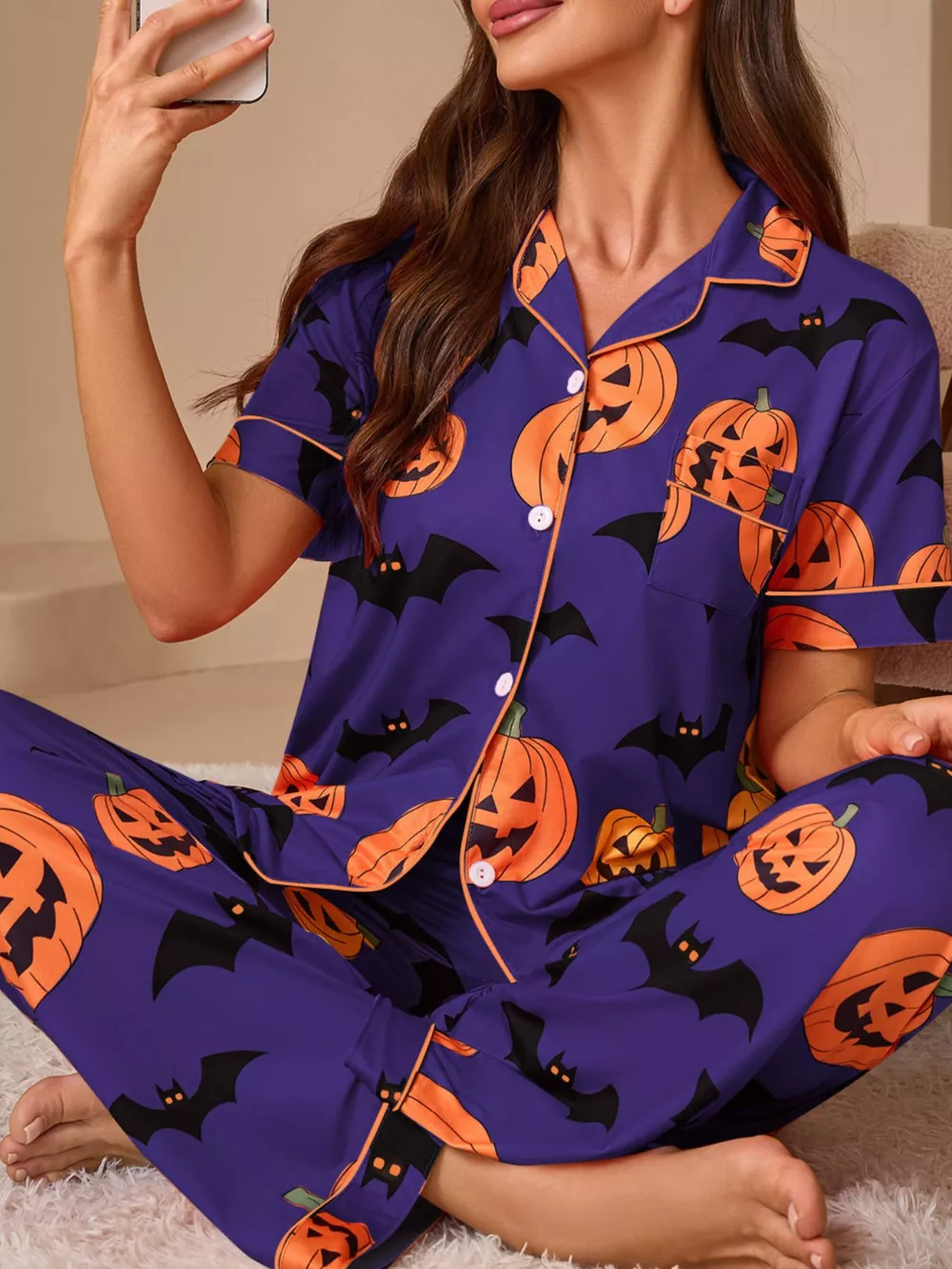 Halloween Pumpkin and Bat Print Button-Down Top and Pants Lounge Set, image 12