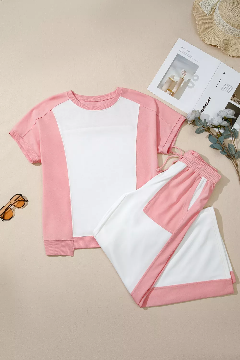 Two-tone Color Block Patchwork Tee Drawstring Loose Pant Set, image 5