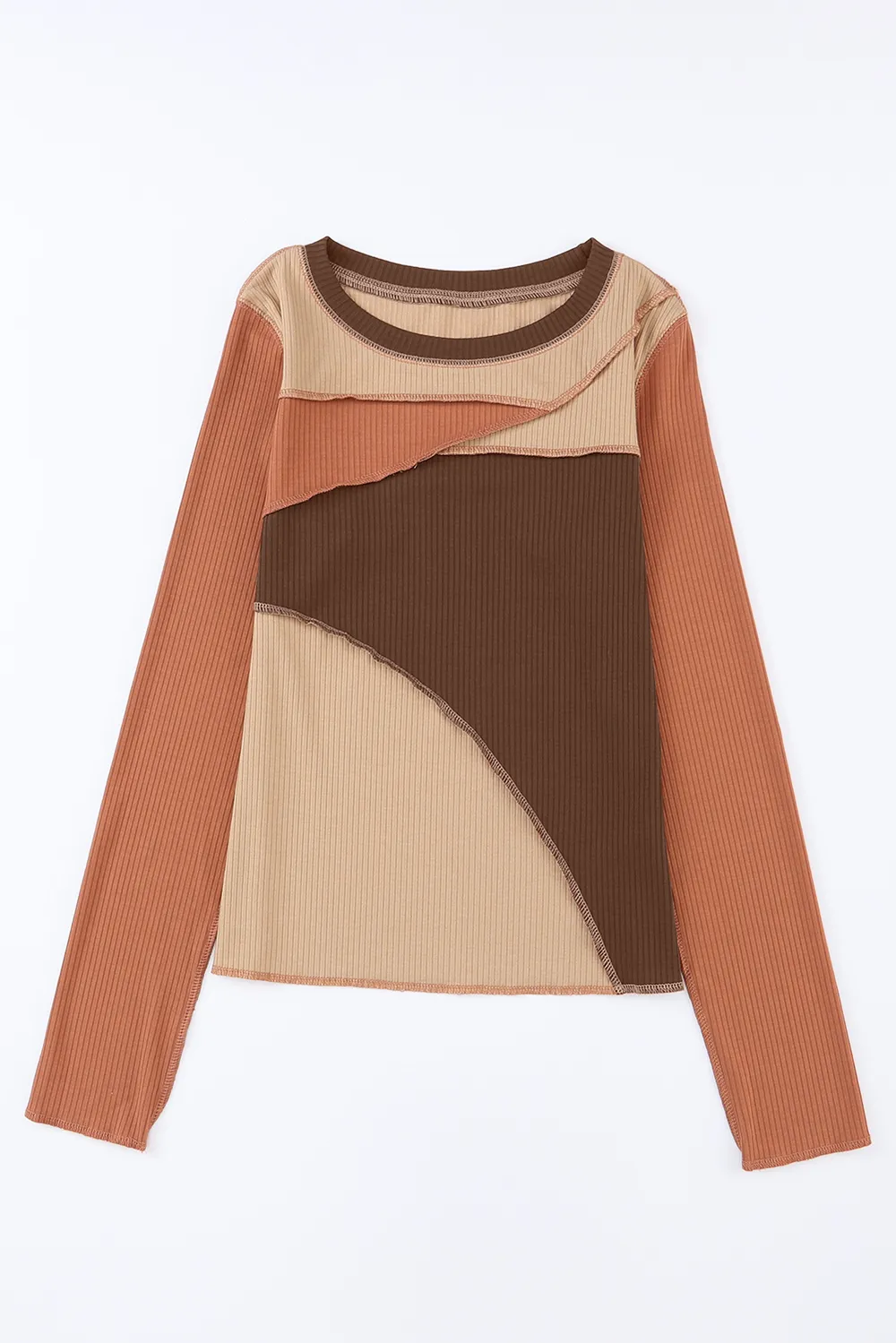 Exposed Seam Contrast Round Neck Long Sleeve T-Shirt, image 5