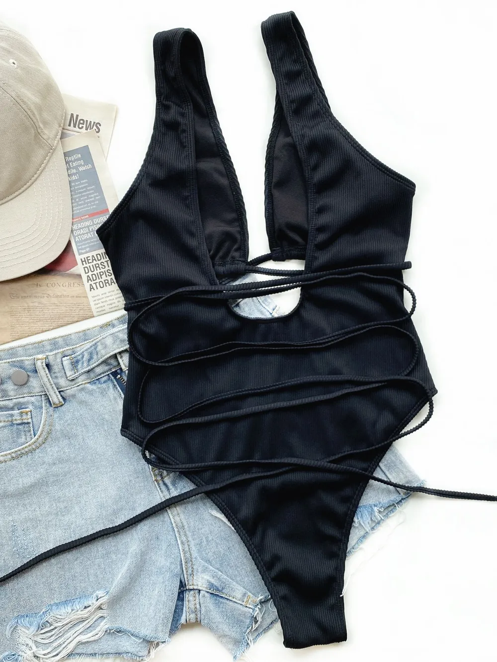 Ribbed Lace Up One-Piece Swimsuit, image 2