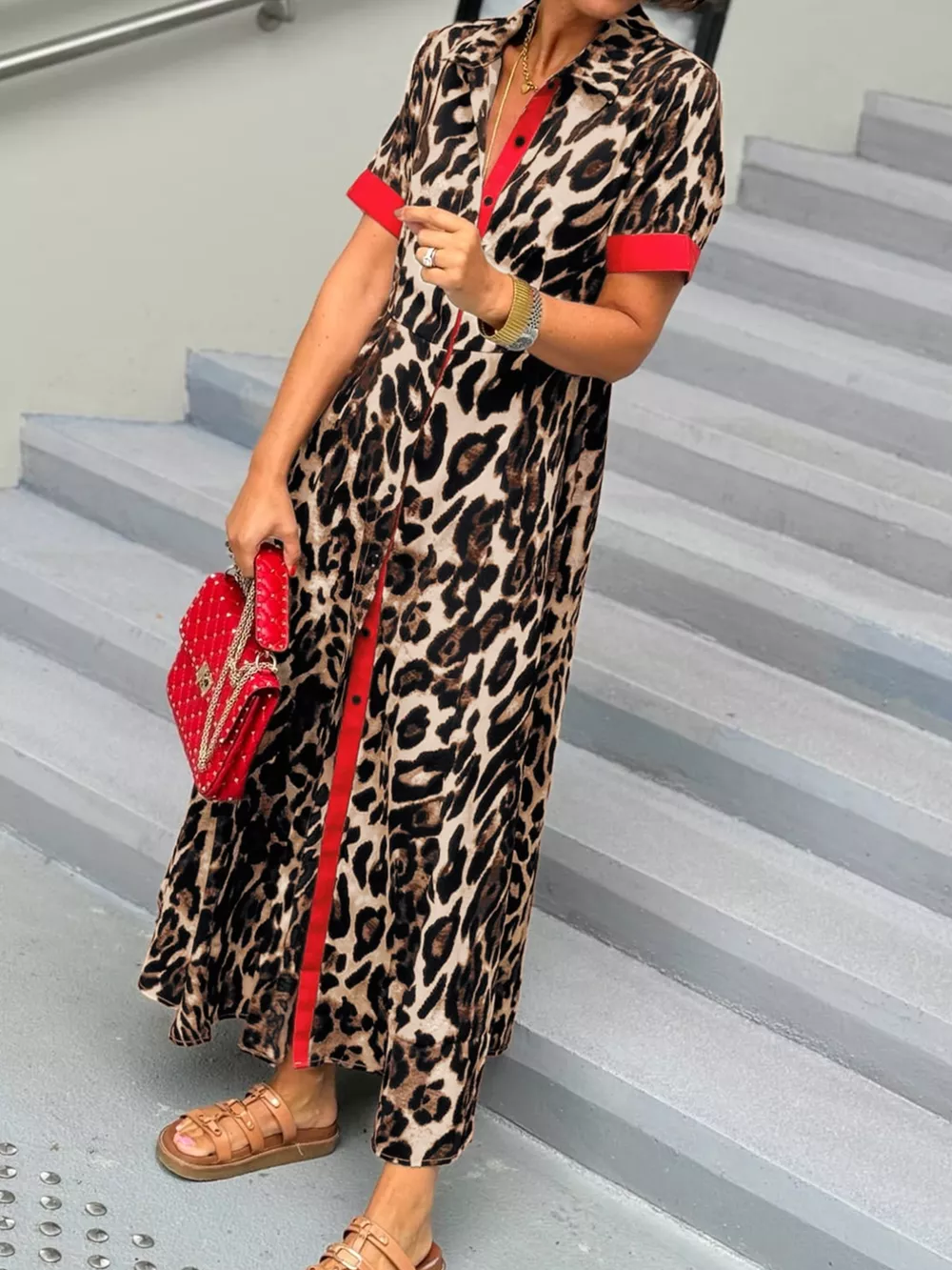 Leopard Print Button-Down Dress with Contrast Trim, image 8