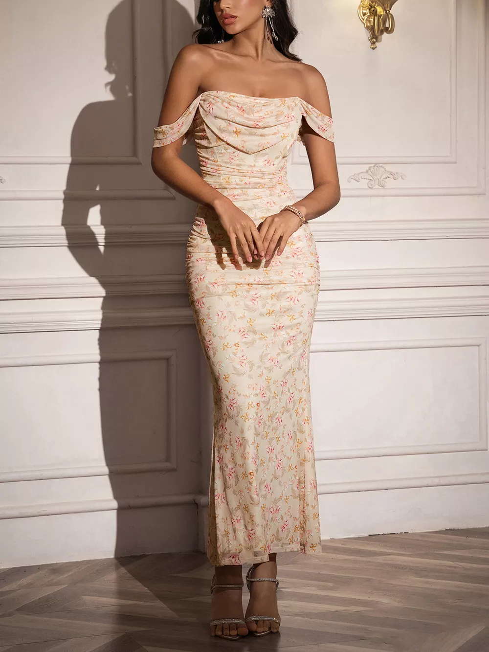 Off-Shoulder Ruched Floral Mermaid Dress, image 9