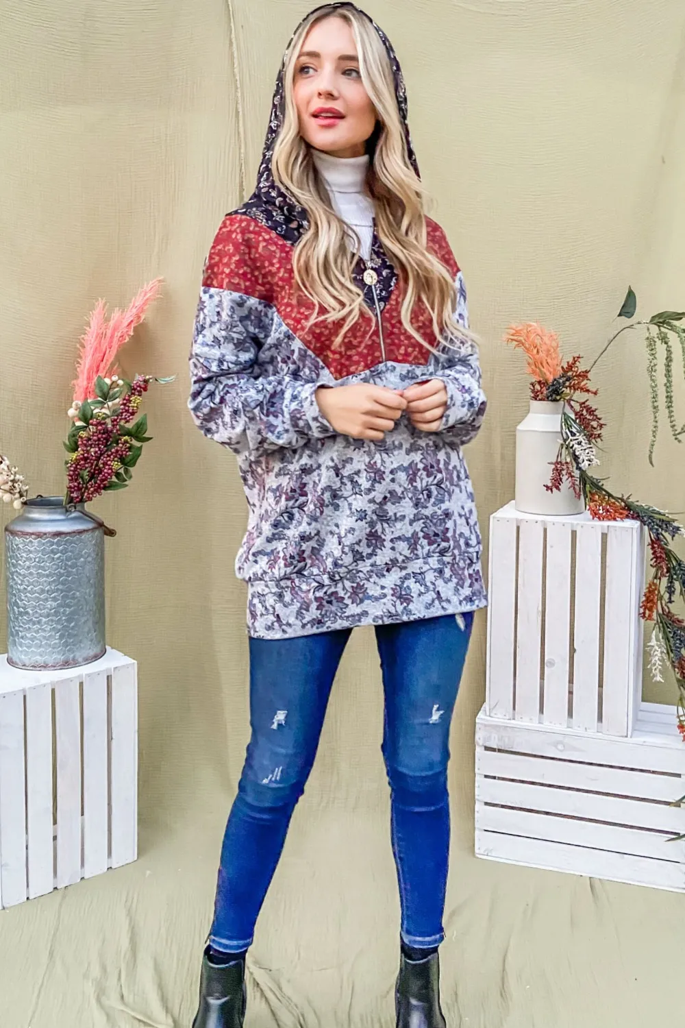 Printed Half Zip Up Long Sleeve Hoodie, image 5