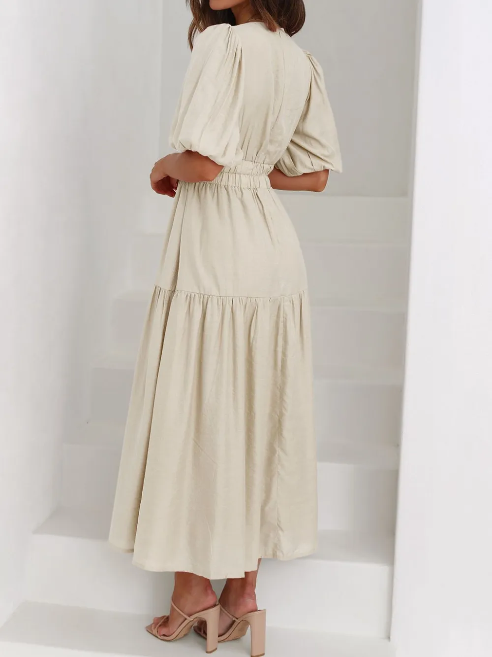V-Neck Puff Sleeve Midi Dress, image 7