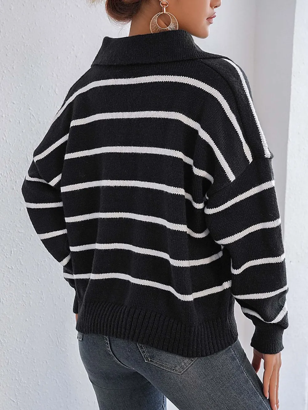 Striped Johnny Collar Long Sleeve Sweater, image 2