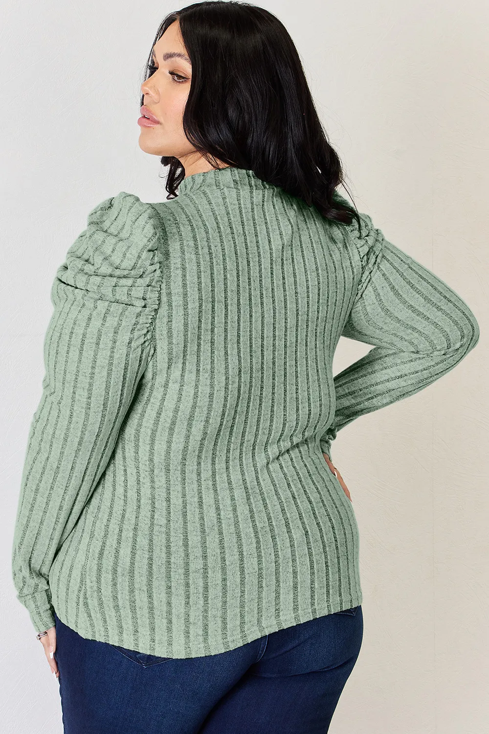 Full Size Ribbed Mock Neck Puff Sleeve T-Shirt, image 7