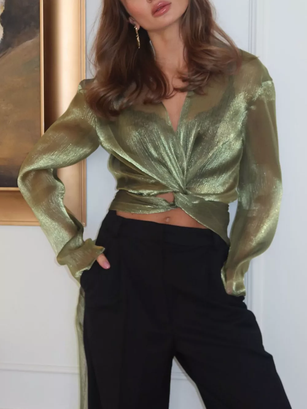 Sheer Front Tie Detail Long Sleeve Shirt, image 5
