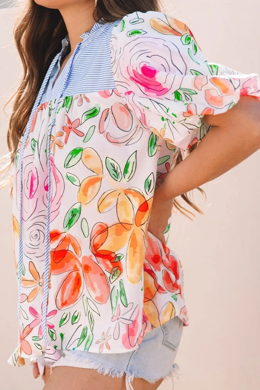 Floral Striped Yoke Frilled Tie Neck Puff Short Sleeve Blouse, image 2