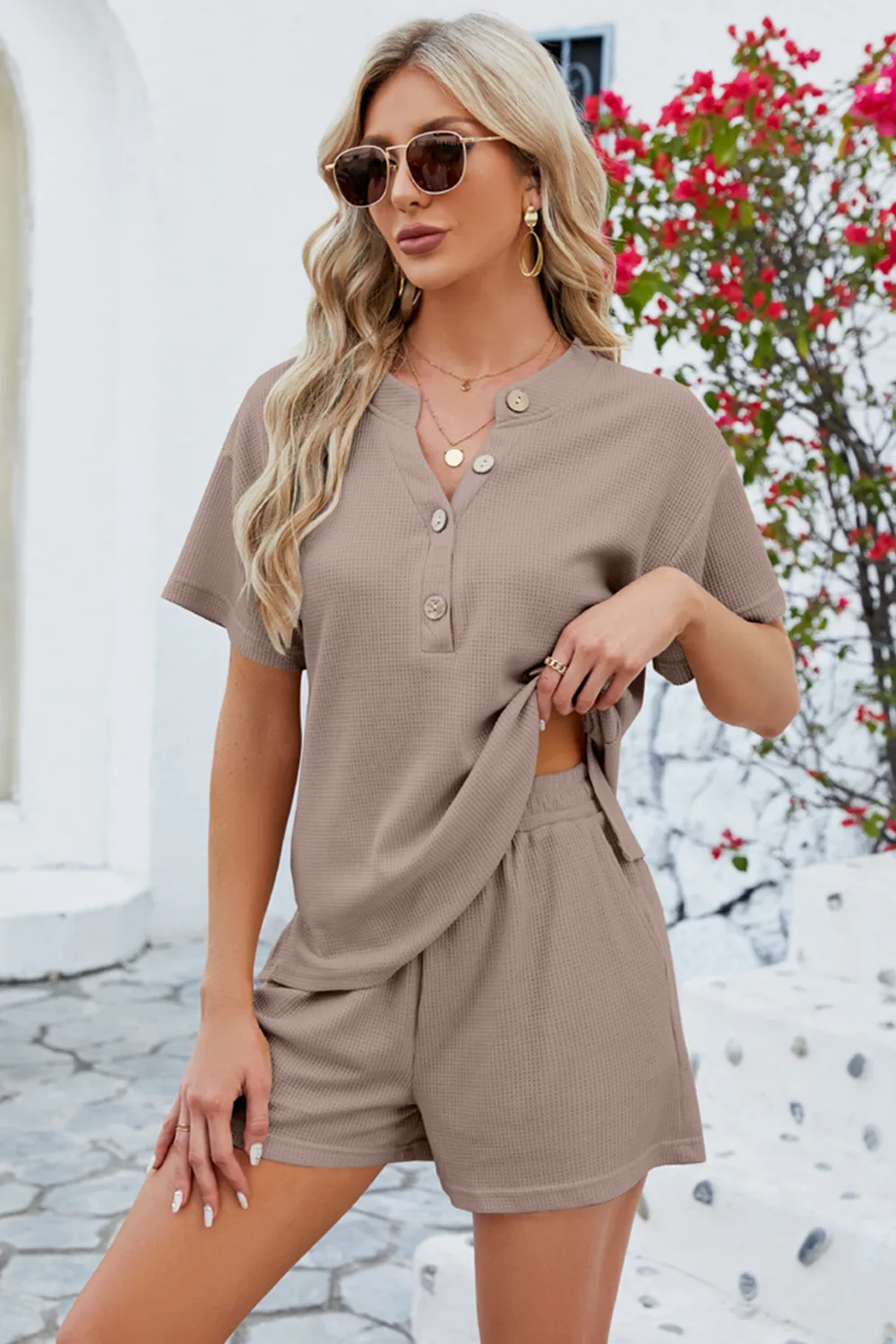 Notched Button Detail Dropped Shoulder Top and Shorts Set, image 8