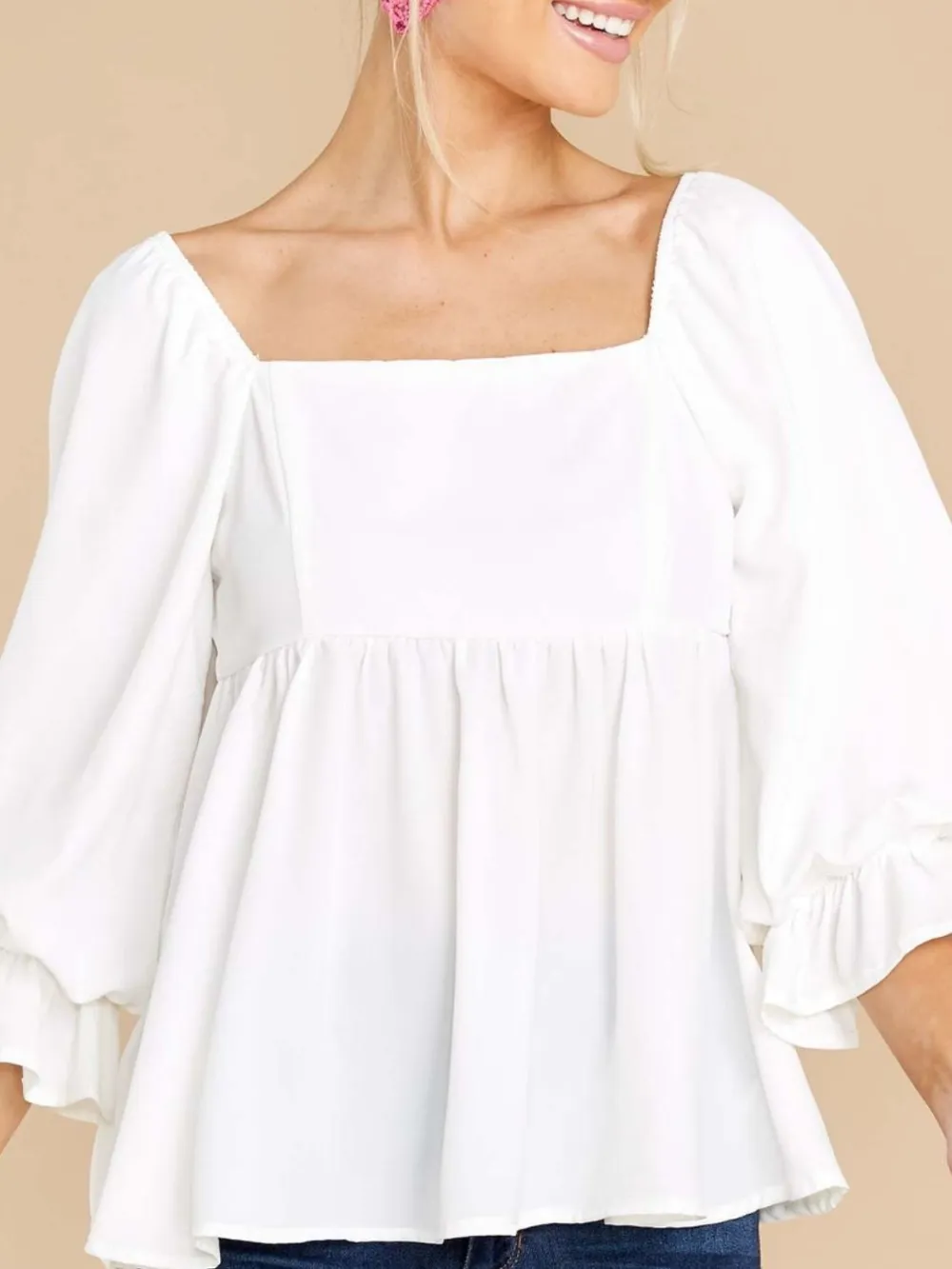 Smocked Square Neck Flounce Sleeve Blouse, image 2