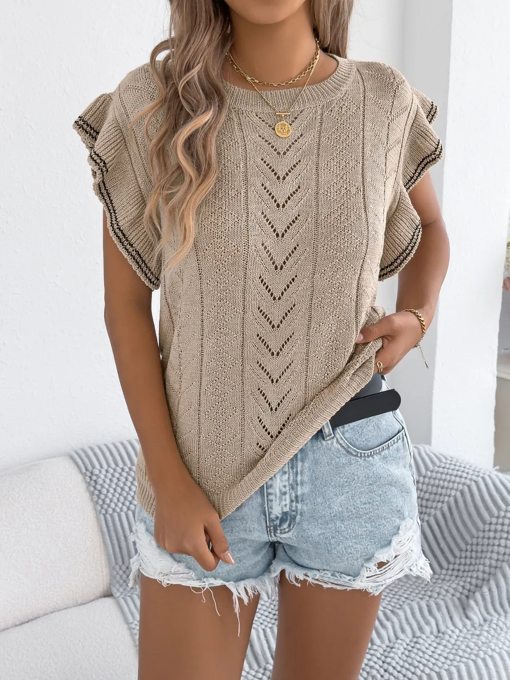 Openwork Round Neck Cap Sleeve Knit Top, image 12