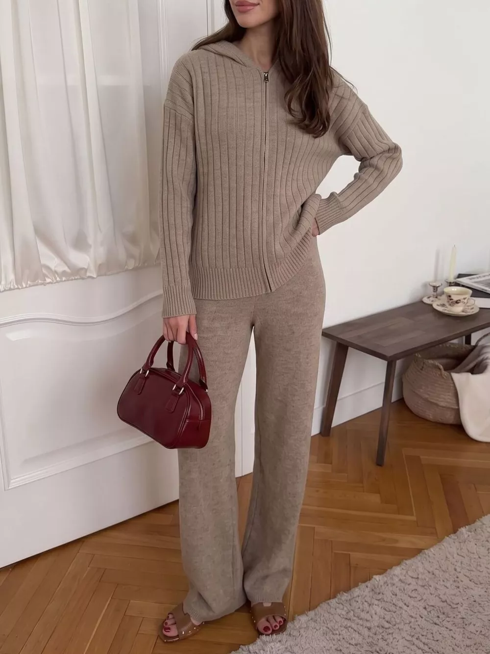 Cozy Ribbed Knit Zip-Up Hoodie and Wide-Leg Pants Sweater Set, image 2