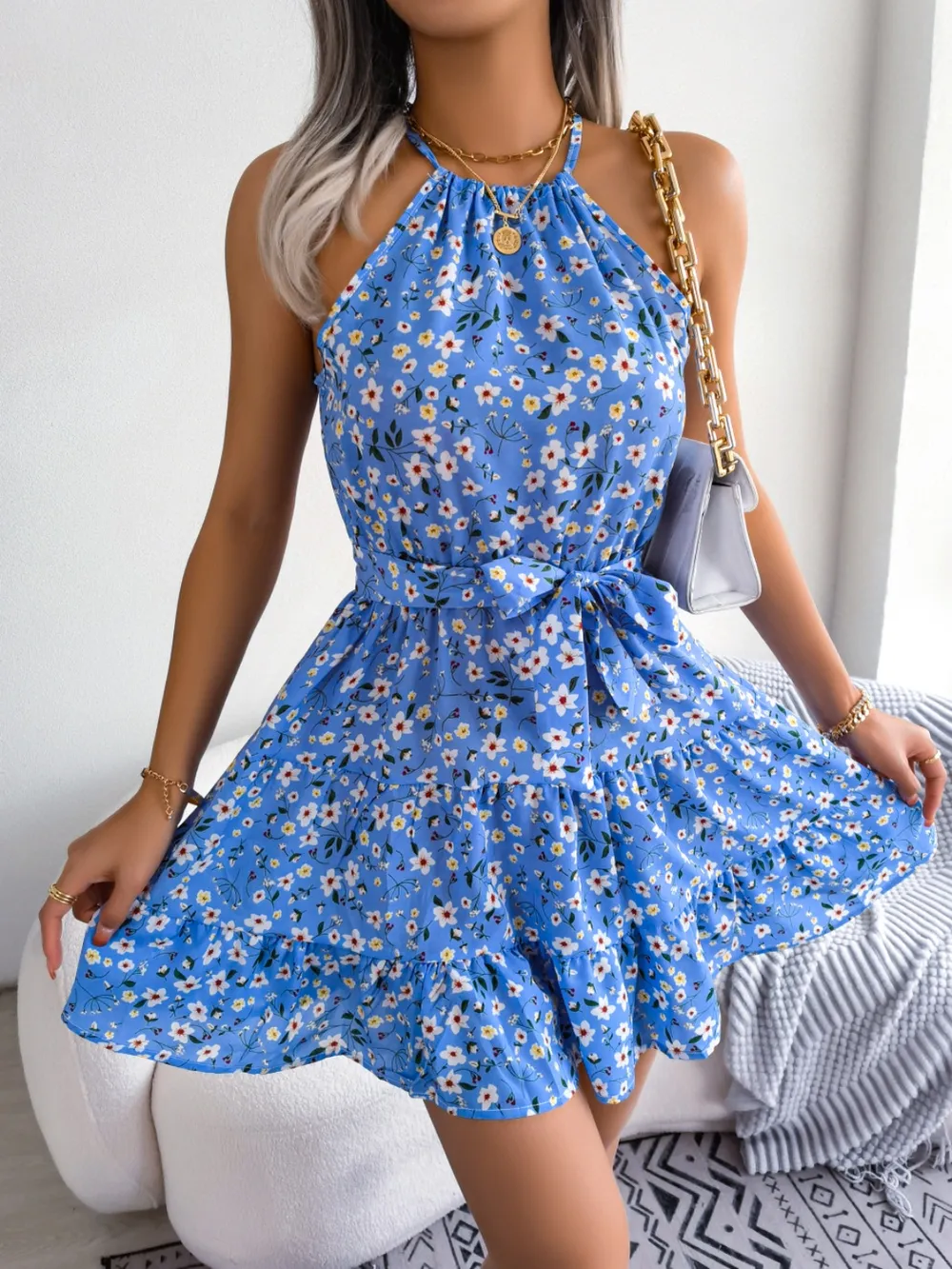 Tied Printed Grecian Neck Mini Dress, image 2