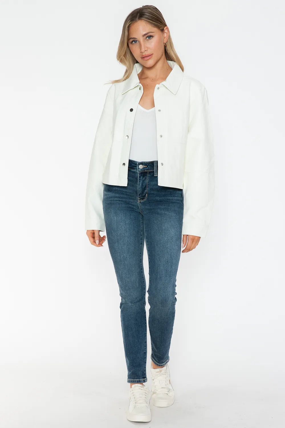 Snap Down Long Sleeve PU Leather Jacket, image 2