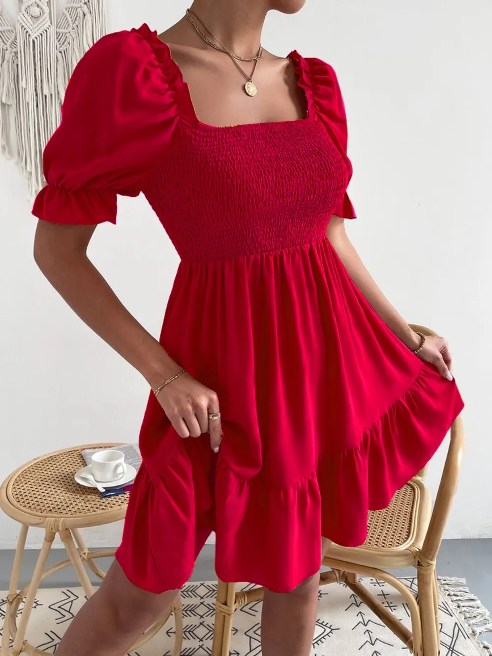 Smocked Square Neck Short Sleeve Dress, image 13