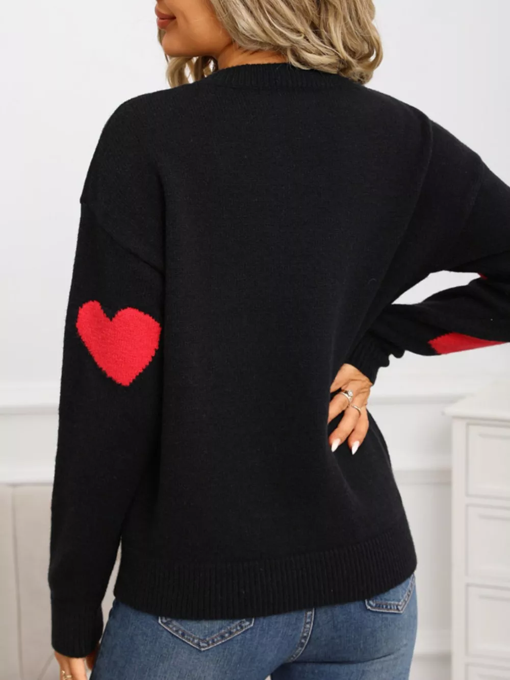Valentine's Day Heart Pattern Round Neck Sweater, image 3