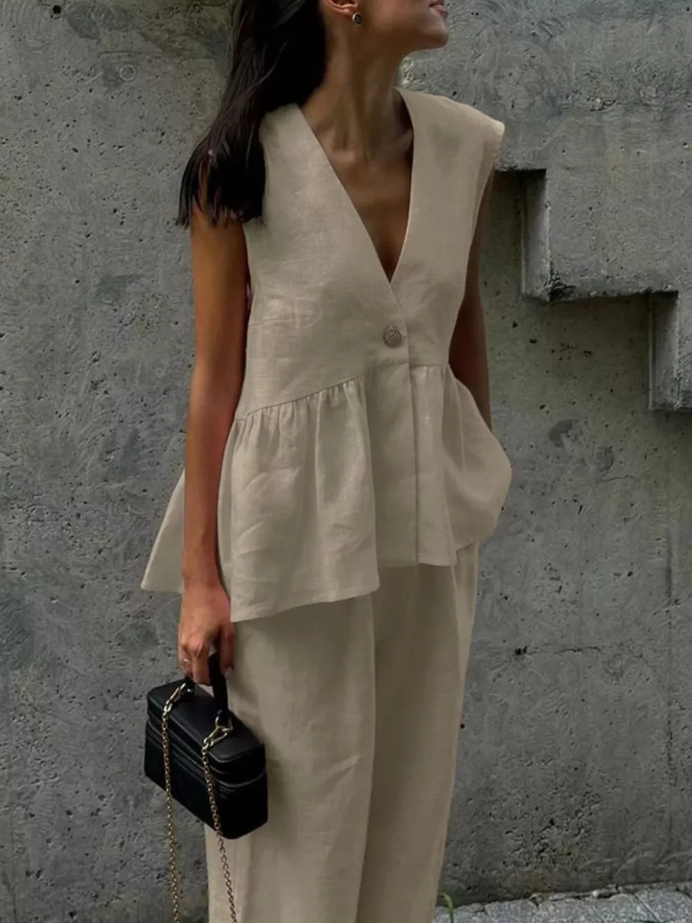 One Button Sleeveless Top and Wide-Leg Pants Set, image 4