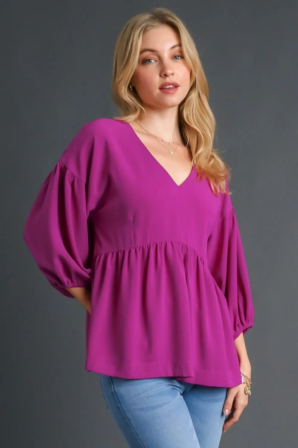 Full Size V-Neck Puffed 3/4 Sleeve Babydoll Blouse Plus Size, image 2
