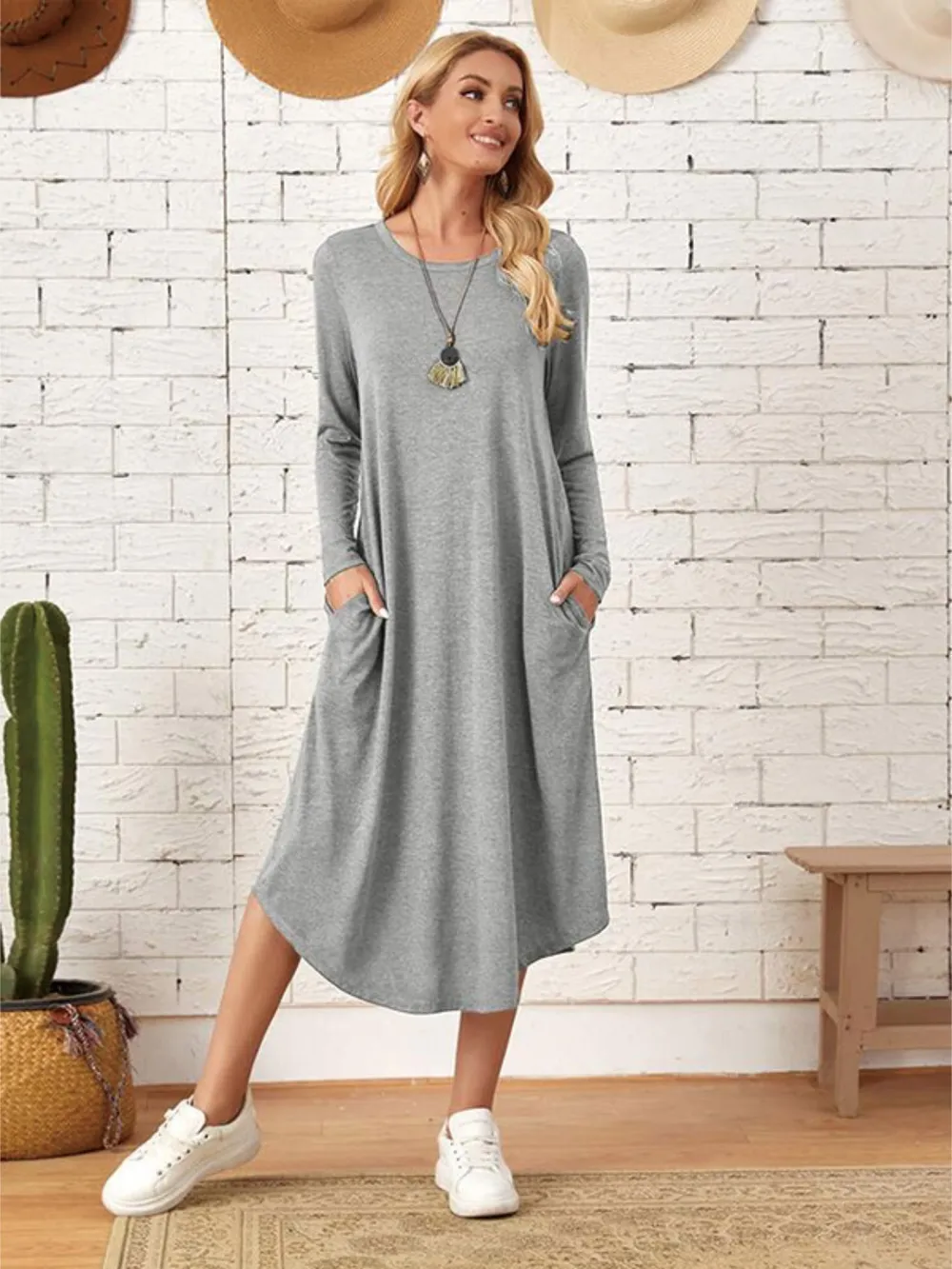 Pocketed Round Neck Long Sleeve Tee Dress, image 5