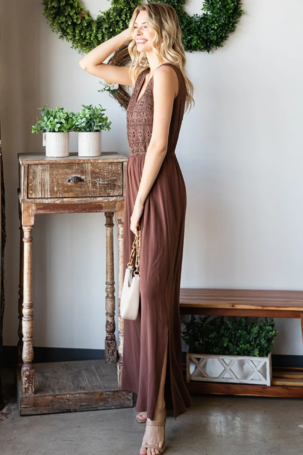 Tie Back Sleeveless Slit Wide Leg Jumpsuit, image 2