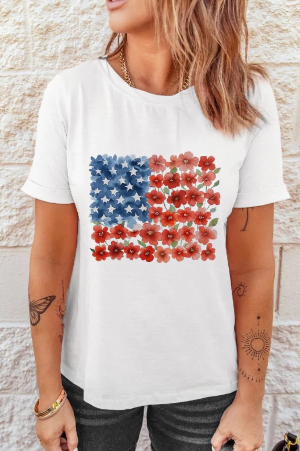 Star Floral American Flag Printed T Shirt, image 2