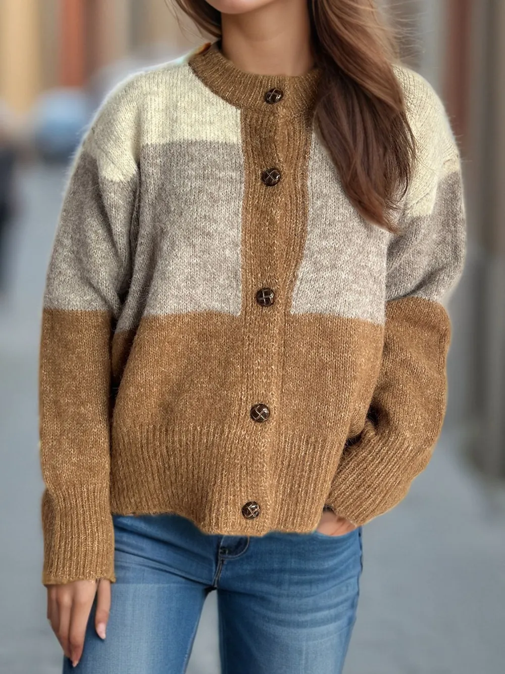 Color Block Round Neck Button Up Cardigan, image 6