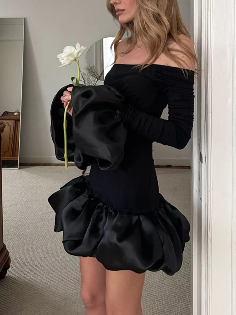 Off-Shoulder Ruffle Hem Mini Dress, image 4