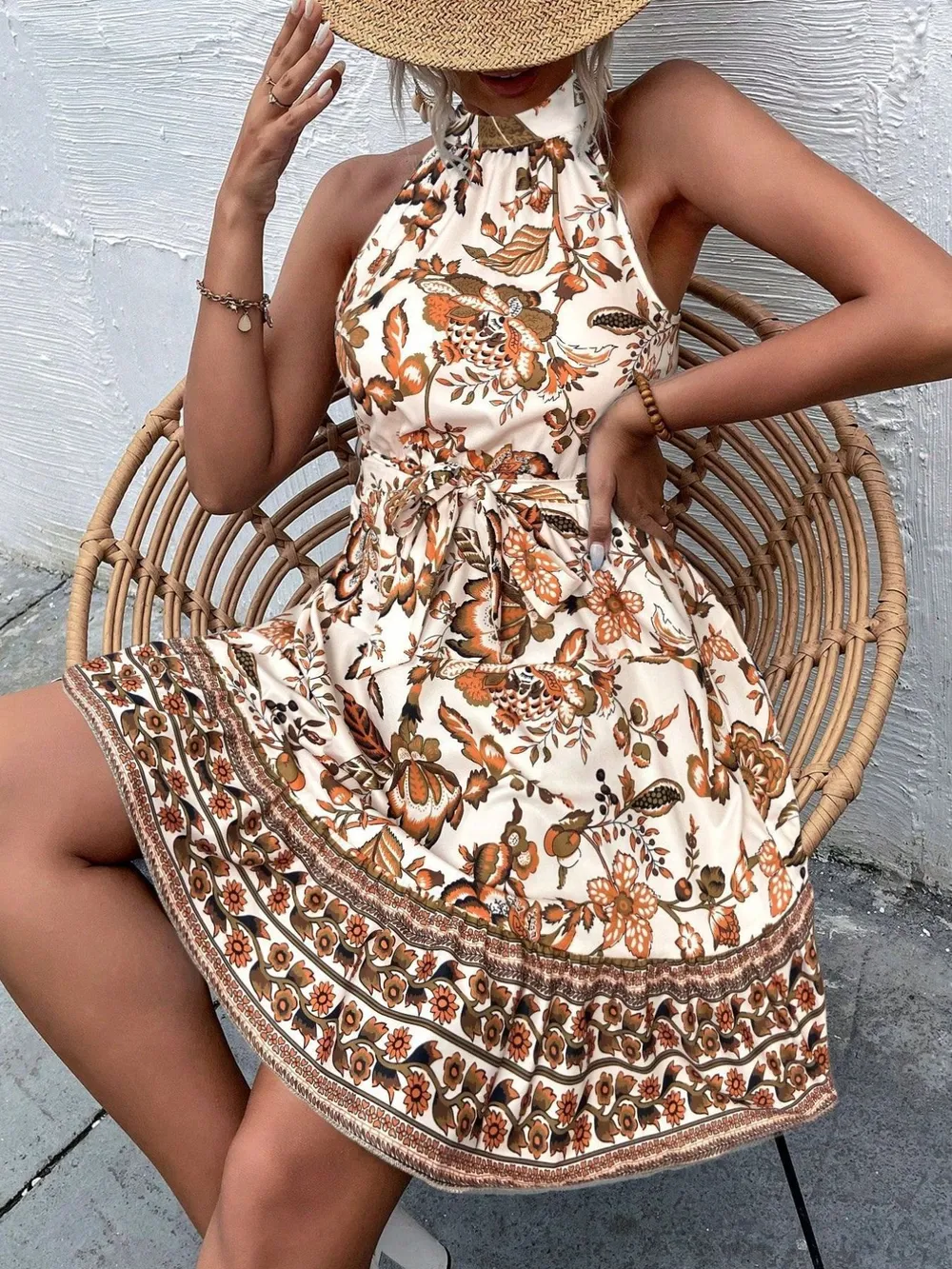 Floral Halter Neck Summer Dress with Belt, image 3
