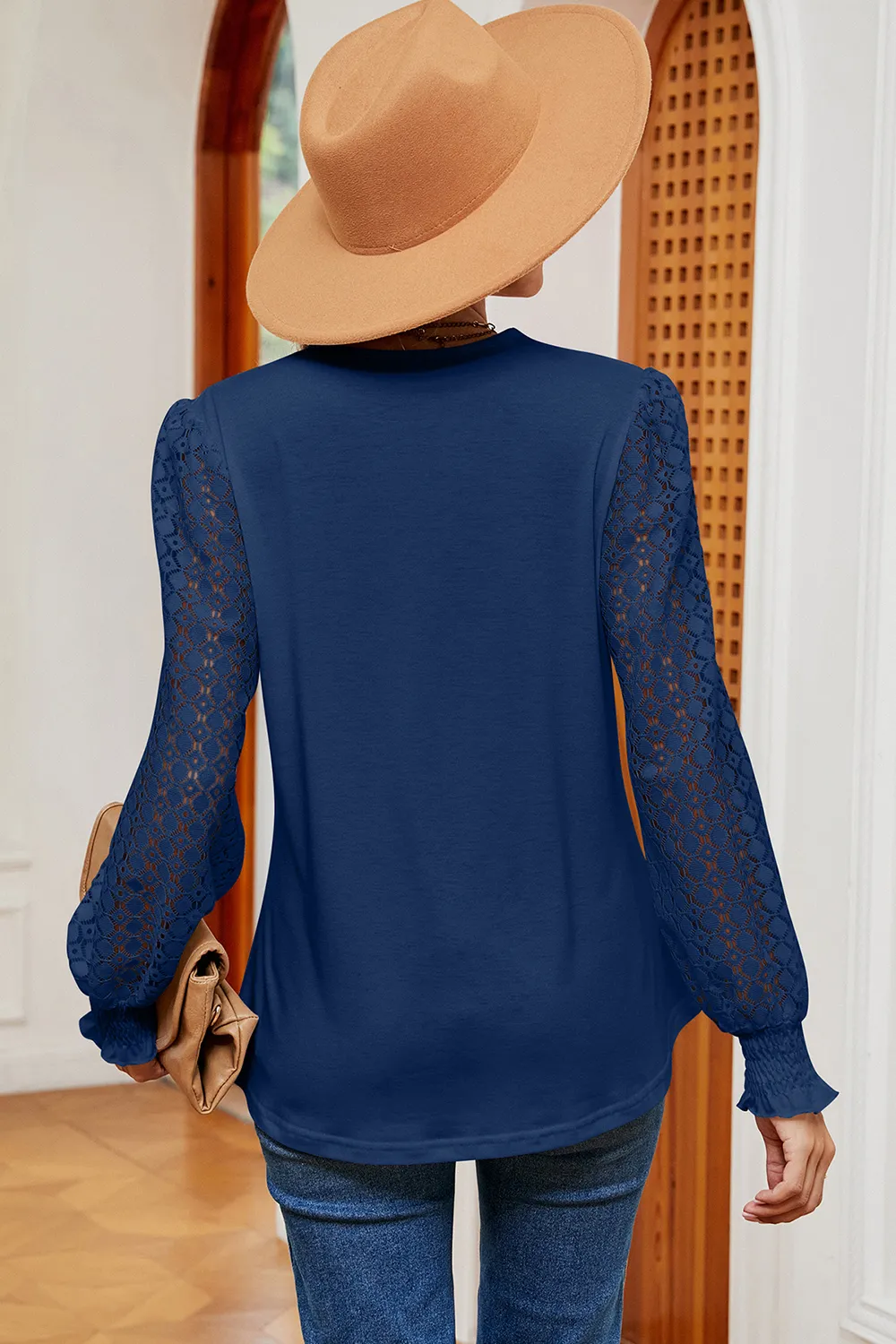 Openwork V-Neck Long Sleeve T-Shirt, image 7