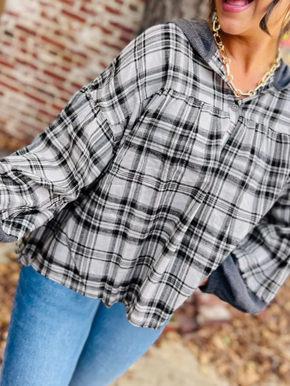 Plaid Long Sleeve Hooded Top, image 2